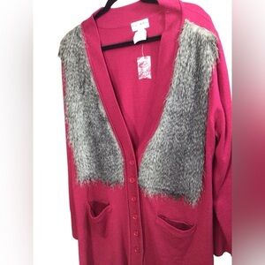Kate & Mallory Designs Long Red Faux Fur Woman’s Cardigan w/ pockets 2XL